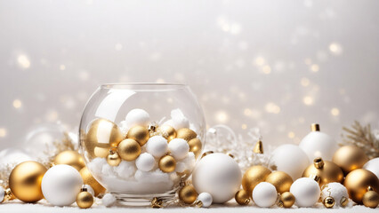 Christmas decoration on bokeh background. gold and white baubles. New Year concept. Copy space.