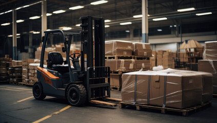 Forklift truck in warehouse background.