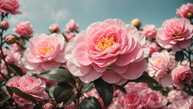 Camellia flower blooming in the garden on blue sky background