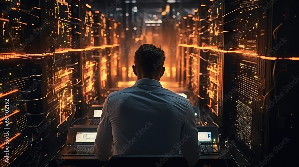 Leinwandbilder it engineer man checking servers in big cloud computing server.