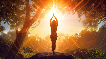silhouette of a person in forest yin feminine yoga wellness - by generative ai - obrazy, fototapety, plakaty