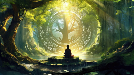 buddha meditation in the forest, spiritual zen nature - by generative ai - obrazy, fototapety, plakaty