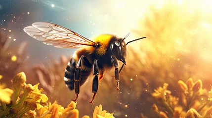 Fotobehang bee flying pollen pollination spirit animal sunny summer - by generative ai © CEVmemories