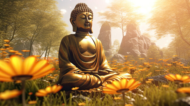 buddha statue at sunset spiritual zen - by generative ai