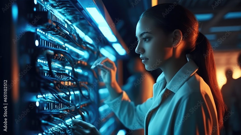 Fototapete it professional female network are connecting cables in server cabinet while working in big data cen