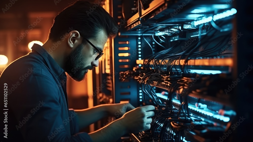Leinwandbilder IT Professional male network are connecting cables in server cabinet while working in big data center.