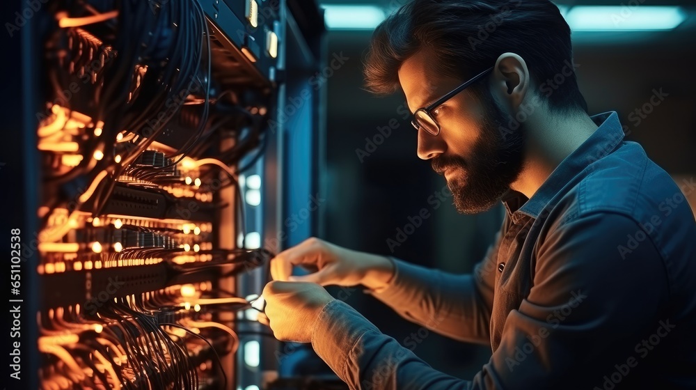 Leinwandbilder it professional male network are connecting cables in server cabinet while working in big data cente