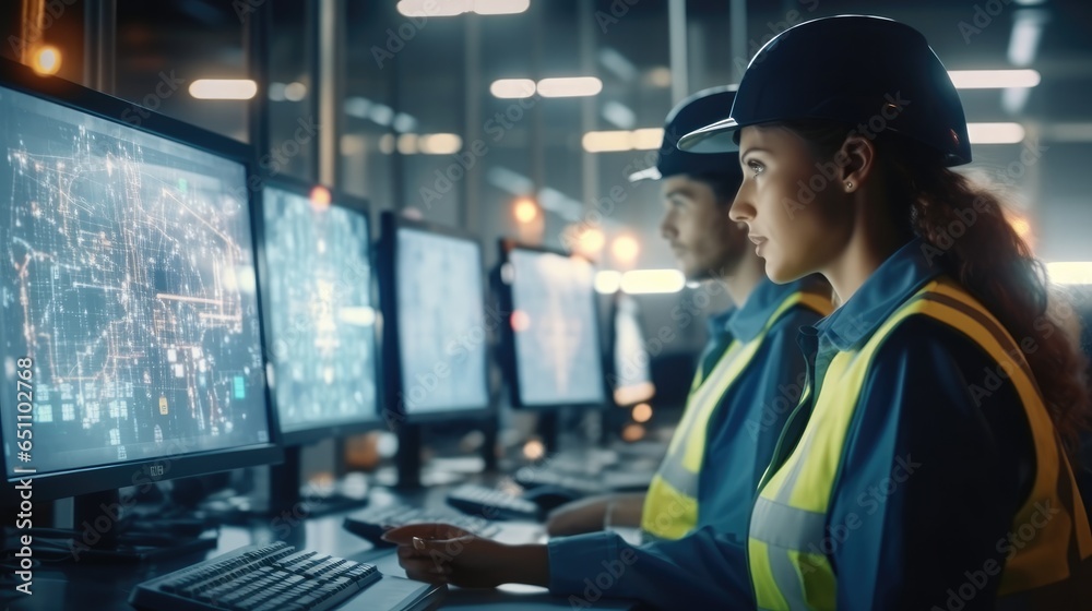 Fototapete Project Engineer Talks to Operator who Controls Production Line, Using Computer with Screens Showing AI, Machine Learning Enhanced Assembly Process.