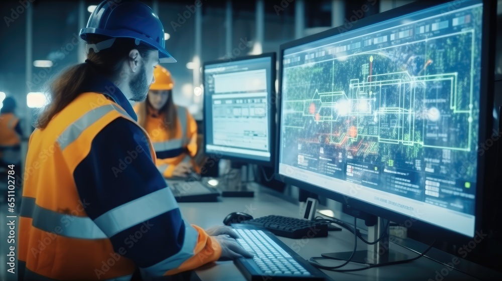 Aufkleber Project Engineer Talks to Operator who Controls Production Line, Using Computer with Screens Showing AI, Machine Learning Enhanced Assembly Process.