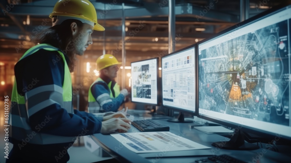 Aufkleber Project Engineer Talks to Operator who Controls Production Line, Using Computer with Screens Showing AI, Machine Learning Enhanced Assembly Process.