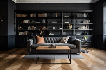 Oak wood bookcase, black leather sofa, French oak parquet floors. Generative AI - obrazy, fototapety, plakaty