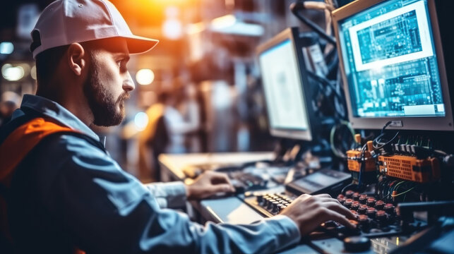 Industrial Programer Engineer Programing cnc Machine programmable logic controller at factory.