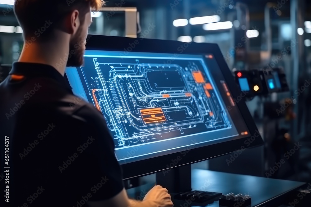 Aufkleber Engineer operating machine on LED touch screen at factory, Screen of design and status.