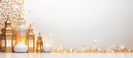 Luxurious Arabian background with ornate lanterns in white and gold - obrazy, fototapety, plakaty