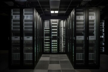 Rows of computer equipment in a data center, with disks for storage. Generative AI