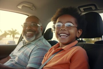 Sunday Morning Joy: Multi-Generation African American Family Bonding During a Weekend Drive, Radiating Happiness and Togetherness. - obrazy, fototapety, plakaty