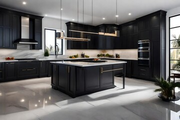 In a brand-new luxury home, the kitchen is black and gray and has an island, a sink, cabinets, and kitchen appliances. The floor is marble