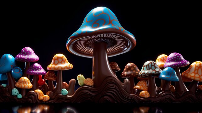 A creative concept image showcasing a blend of magic mushrooms and chocolate. The image features a beautifully crafted chocolate piece infused with psychedelic magic mushrooms.