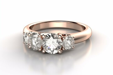 Close-up 3D render of three-stone diamond ring in rose gold. Isolated on white. Generative AI