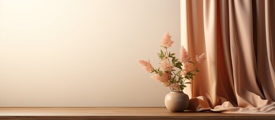 rendition of a blurred window curtain and wooden surface used as a backdrop for showcasing natural products