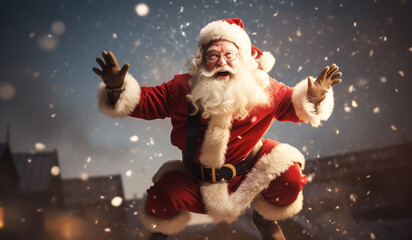 Santa Claus jumping in the air with happiness. AI generated