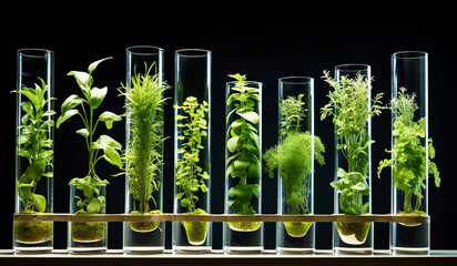 Test tubes with plants. Experiments for medicine, perfumes or aromatherapy. AI generated