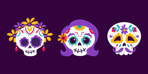Day of the Dead. Dia de Muertos. A set of festive skulls decorated with flowers and drawings. Earrings, wreath, mustache. Catrina, the garbancera skull, the festive skeleton. Vintage style.