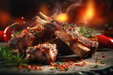 A stack of Lamb Ribs meat with smoke and pepper on the side ready to eat