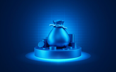 Wealth money bag business finance coin cash investment currency banking on rich 3d background success financial earning profit economy million budget or growth dollar finance exchange market concept.