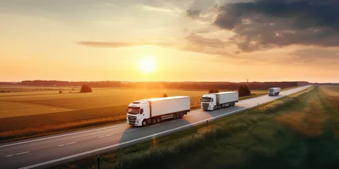 Poster delivery cargo trucks driving in motion on highway road in country field and sunset landscape concept of lorry logistic freight transportation business © annaspoka