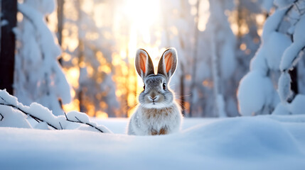 Rabbit in the winter forest christmas background color art