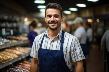 Fototapeta premium Young Caucasian man seller puts freshly baked goods in the baking department