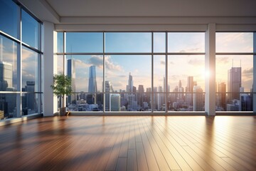 Obraz premium Spacious room with skyscrapers view, overlooking downtown skyline and beautiful real estate. Daytime scene. Generative AI