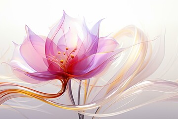 Abstract 3D art featuring a surreal flower with elegant curves and organic lines in transparent pink, purple, yellow gradient colors and white accents. Generative AI