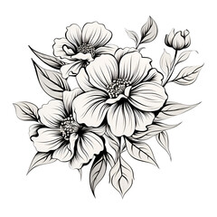 Floral black line art ink drawing with label on light grey elemen