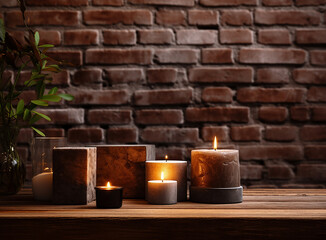 burning candle on a wooden table, creating a cozy ambiance with a warm and inviting backdrop....