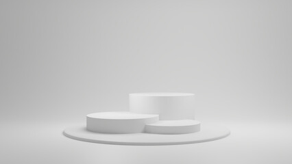 Empty white room with steps 3D cylinder podium pedestal or product display stand. 3D render geometric platform design. Minimal wall scene for mockup. stage for product presentation. 3d render.
