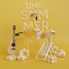 Fototapeta premium suitcase and Flamingo illustration. Top view Beach umbrella with chairs and beach accessories on yellow background. summer vacation concept. 3d rendering.