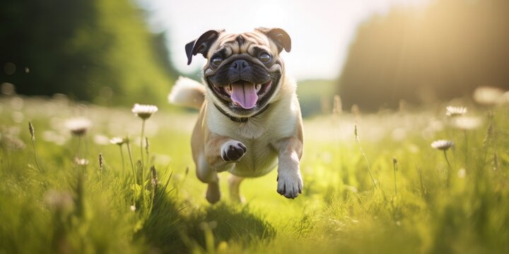 Happy pug dog running on a green meadow on a summer day