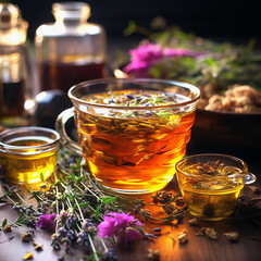Herbal tea with lavender flowers in glass cup on rustic table with honey, front view