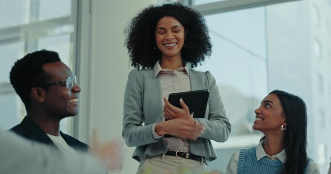 Happy business women, meeting or handshake for welcome, smile or onboarding in agreement, deal or success. Team, b2b partnership and hiring for human resources, recruitment or trust at finance agency