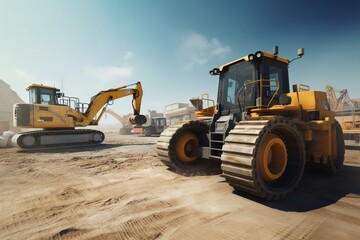 Bulldozer with augmented reality elements working on a construction site. Generative AI