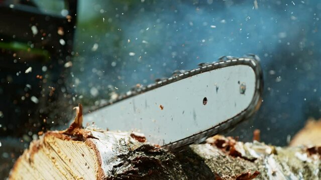 Super Slow Motion of a Chainsaw Cutting the Wooden Log. Filmed on High Speed Cinema Camera, 1000 fps.