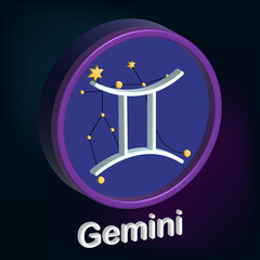 3d illustration, zodiac sign Gemini, sign framed in the shape circle, esotericism and astrology. Modern simple design on a dark background.