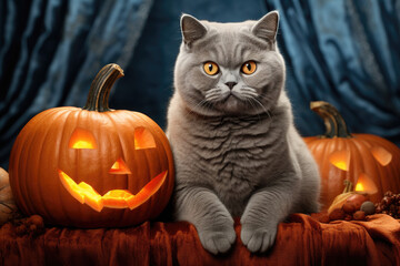 Grey British shorthair cat sitting near Halloween pumpkins