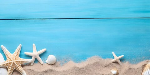 Fototapeta na wymiar Beach teheme landscape banner with copy space, wooden planks, sand, seashells, wallpaper, flat lay, mockup for text