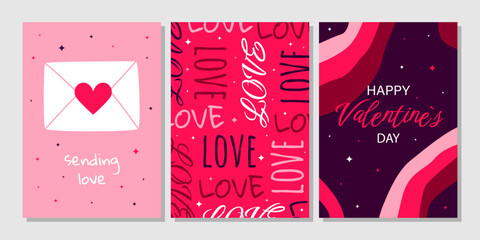 Valentine's Day greeting card set. Hand drawn trendy cartoon heart, love lettering. Vector illustration