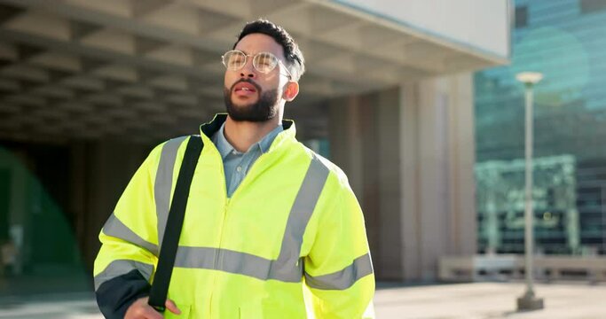 Engineer man, walking and street in city, thinking and ideas on travel to work, bag and outdoor. Technician, architect or contractor on urban road or sidewalk in metro cbd for infrastructure job