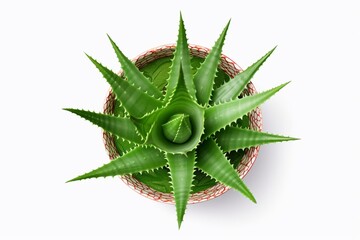 Overhead view of potted aloe vera plant on transparent background. Generative AI