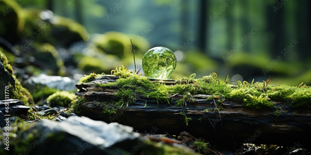 Sticker A stone covered with green moss on a blurred forest background. Close - up. Natural background with copy space for your design.